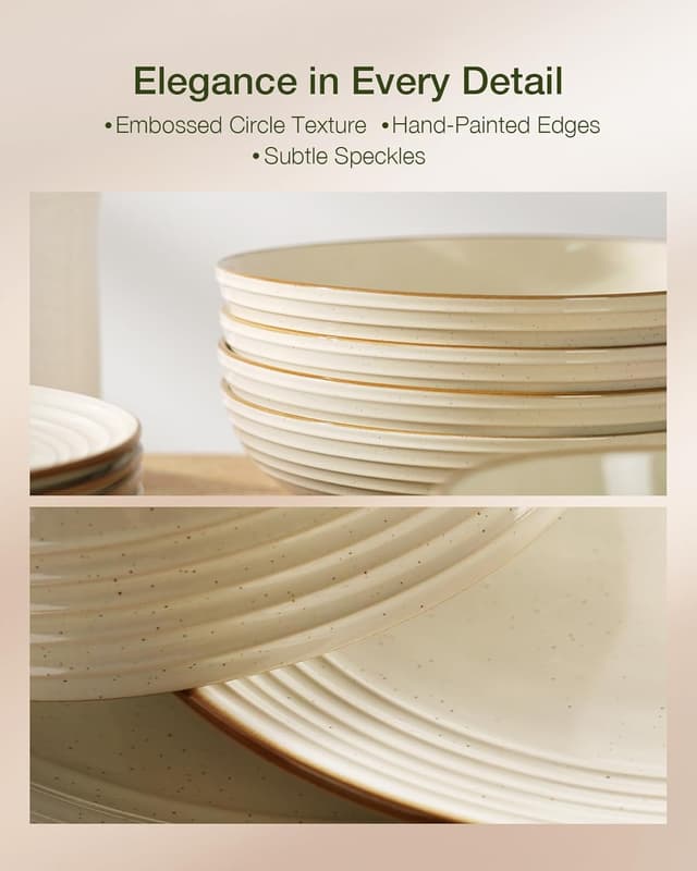 Detalle de Famiware Jupiter 24-Piece Stoneware Dinnerware Set for 8 (Vanilla White) with Speckles & Embossed Swirls