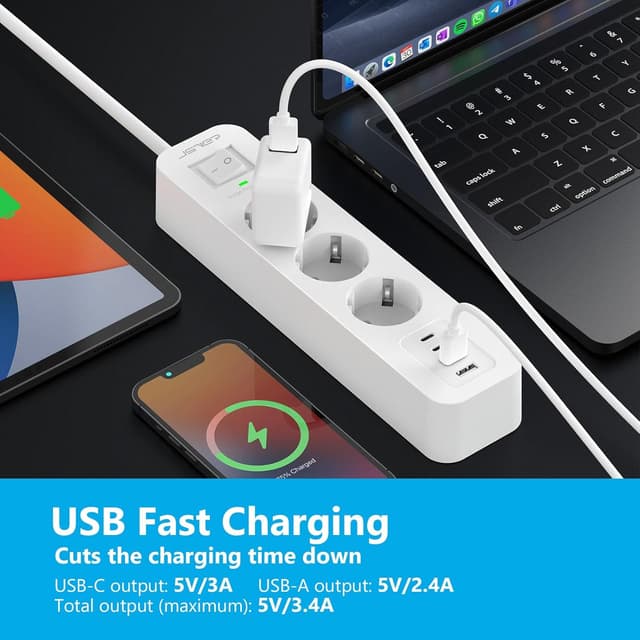 Detalle de JSVER Multiprise USB C 7 en 1 avec parafoudre et surtension, rallonge 4 m et 4 ports USB