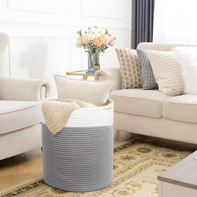 Detalle 2 de SYLANDO Waschekorb aus Baumwollseil mit Griff, 32 l – grau (D34 × H40 cm)