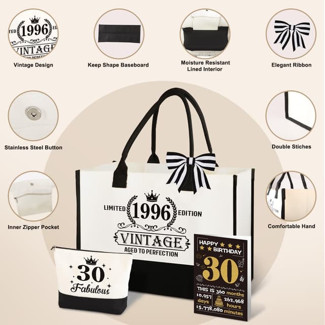 Detalle de 30th Birthday Gifts for Women: Vintage 1996 Canvas Tote & Make-up Bag Set (with card)