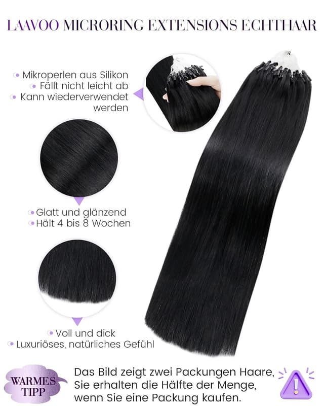 Detalle 2 de LaaVoo Microring Extensions Echthaar Schwarz 40 cm