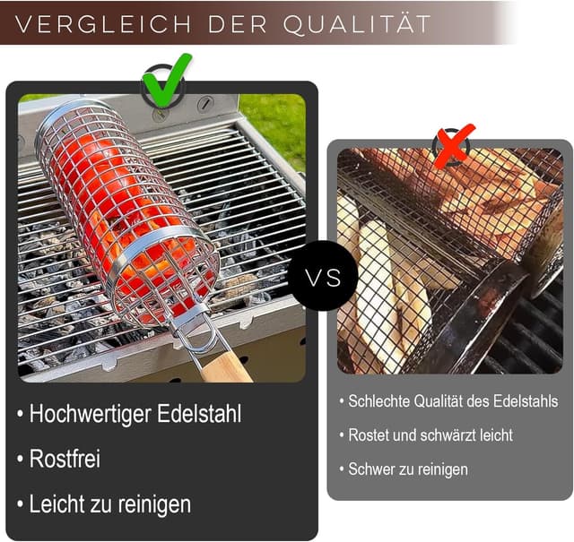 Detalle de EdelKüche Premium Grillkorb aus Edelstahl (XXL, rund, zylindrisch) – abnehmbarer Griff