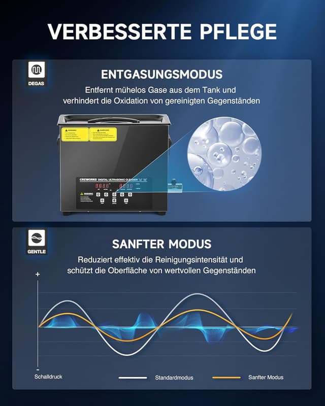 Detalle 2 de CREWORKS 6L Ultraschallreinigungsgerät mit Heizung, Entgasungsfunktion und Digital-Timer