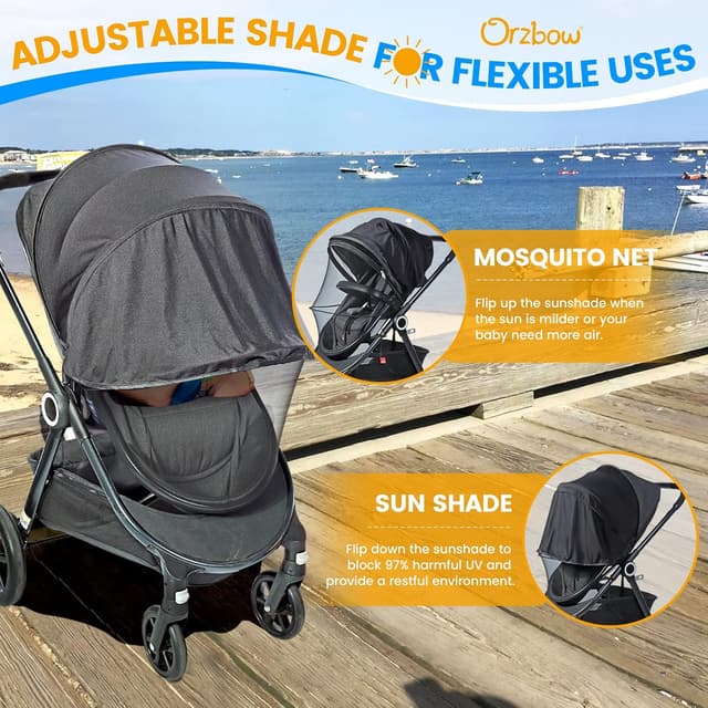 Detalle de Orzbow Universal Mosquito Net for Pram (Black) with UPF 50+ Sunshade & Two-Way Zipper