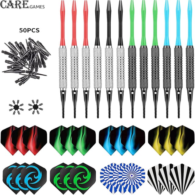 Detalle de CareGames 12-teilige Softdart-Set (16 g) mit PVC-Schäften und 24 Ersatzspitzen