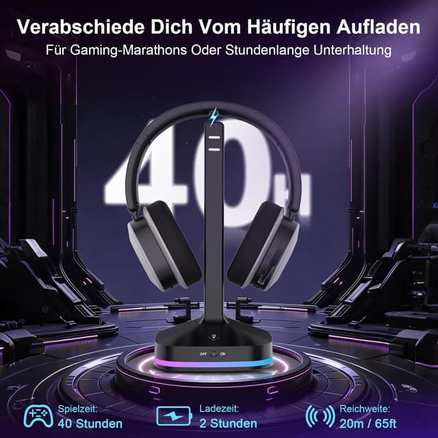 Detalle 2 de Earbay 2,4-GHz Wireless Gaming Headset für PS5/PS4, Switch & mehr – inkl. Bluetooth 6.0, 40 Std. Akku