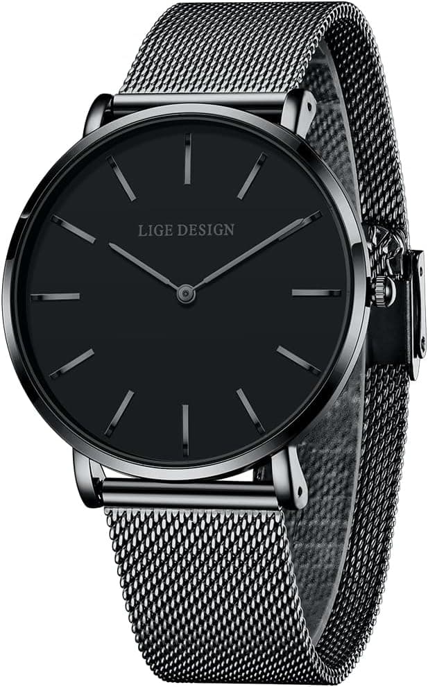 Detalle de LIGE Damen-Armbanduhr Analog Quarz Ultra-Flach (41 mm) mit Edelstahl-Meshband