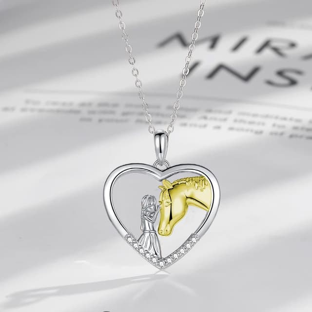 Detalle de USEEDOVIA Pferde-Mädchen Herz Halskette aus 925 Sterling Silber vergoldet in Weißgold-Optik (mit Geschenkbox)