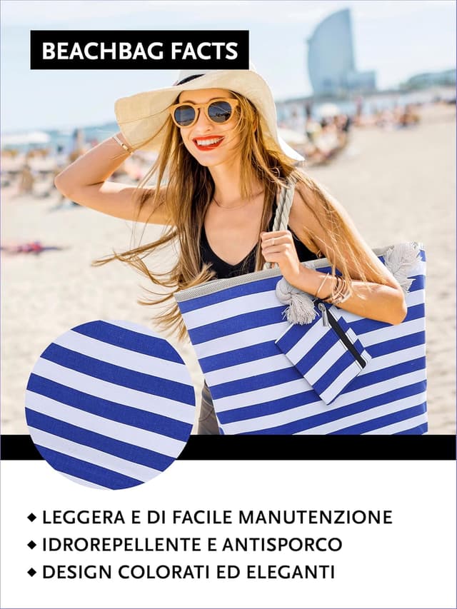 Detalle de DonDon Borsa da spiaggia grande con chiusura zip 58 x 38 x 18 cm stile marinaro