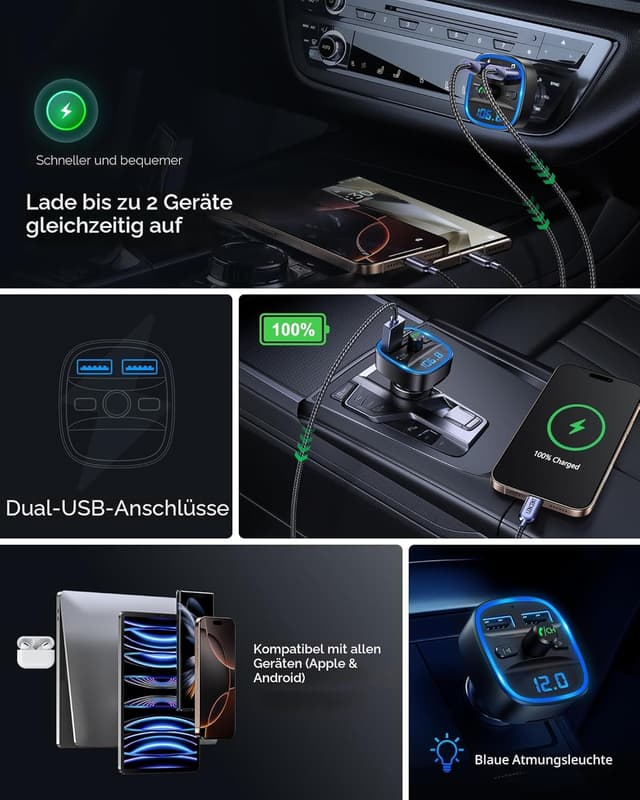 Thumbnail 4 de LENCENT Bluetooth FM-Transmitter fürs Auto mit 2 USB