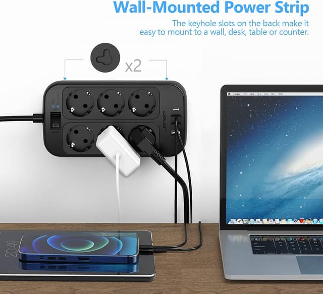 Detalle de Steckdosenleiste mit Überspannungsschutz, 6 Fach – JSVER Mehrfachsteckdose mit 3 USB-A & 1 USB-C (Schwarz)
