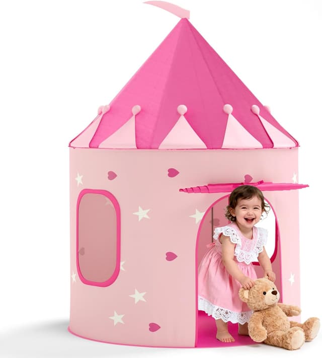 Detalle de KORIMEFA Kids Play Tent (Princess Wendy House) for ages 1–8, pink pop-up indoor/outdoor playhouse, 105x105x135cm