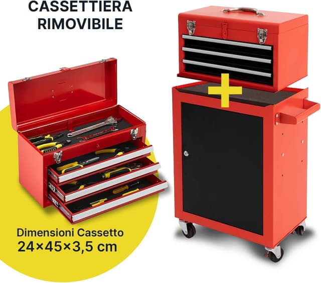 Thumbnail 6 de DAIMANN carrello porta attrezzi professionale con 3 cassetti scorrevoli e armadietto con serratura (rosso)