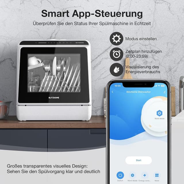 Detalle de BLITZHOME Mini Spülmaschine (6 Programme) mit App-Steuerung und 5-Liter-Wassertank – tragbarer Tischgeschirrspüler