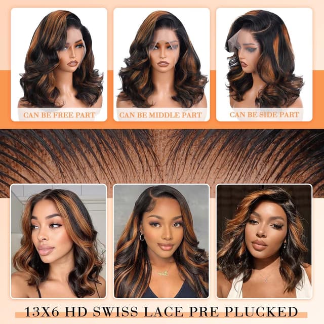 Detalle de Afribye 13x6 Highlight Ombre Body Wave Lace Front Wig (Human Hair, 200% Density, FB/30) — Pre-Plucked, Glueless