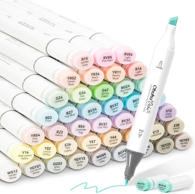 Detalle de Ohuhu Alcohol Markers 48 Pastel Colours (AP certificated) – refillable dual tip set for artists & colouring