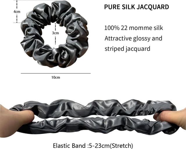 Detalle de Townssilk elastici per capelli in 100% seta di gelso (22 momme), grigio scuro e rosa, a righe – 2 pezzi