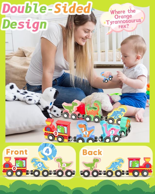Detalle de 11-Piece Magnetic Dinosaur Train Set (Montessori Wooden Learning Toys) for Ages 1–3