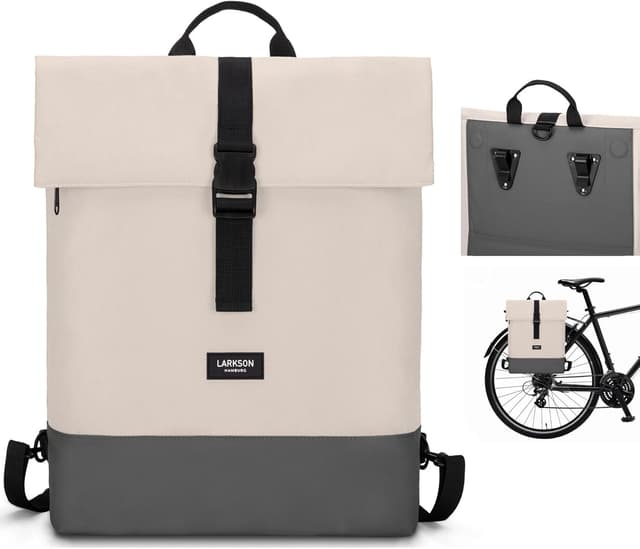 Detalle de LARKSON Tammo Bike 2-in-1 Fahrradtaschen für den Gepäckträger (Rucksack & Gepäckträgertasche) – Sand Grau