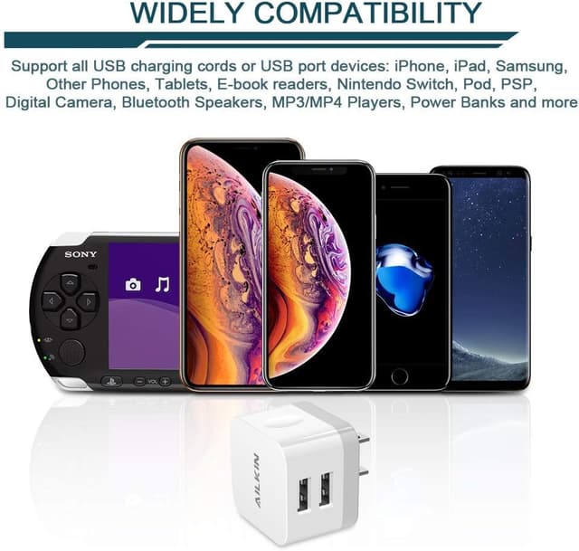 Detalle de AILKIN 2-Pack 2.4A Dual USB Wall Charger (Flat, 90-Degree Plug) for iPhone & Samsung