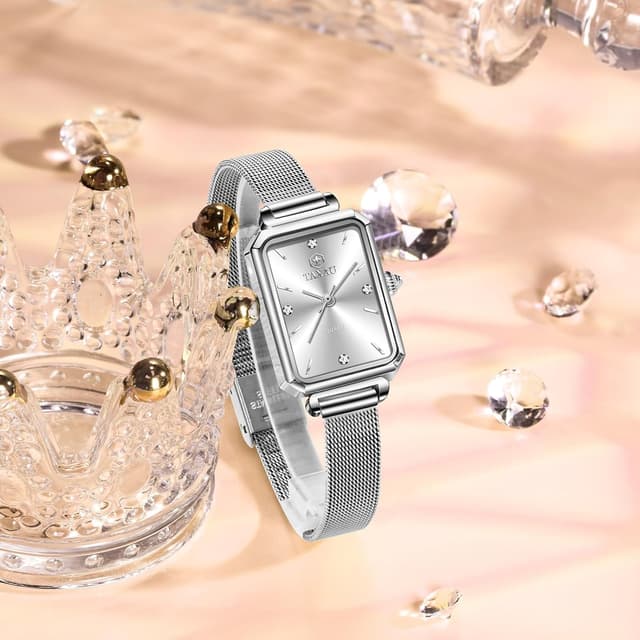 Detalle de Taxau Damenarmbanduhr eckig mit Edelstahl-Mesh-Armband (Quarz, roségold) – Wasserdicht bis 3 ATM