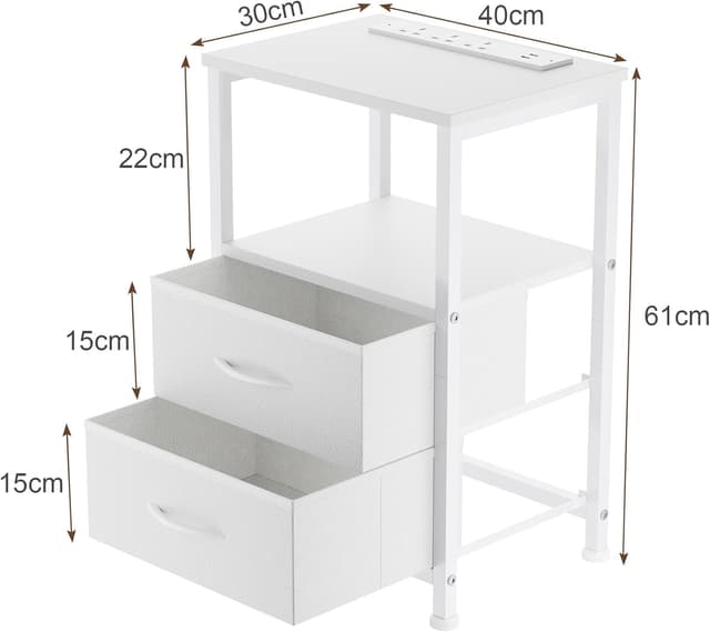 Detalle de Yornoli Set of 2 Bedside Tables with Charging Station, Fabric Drawers and LED Lights (40cm wide)