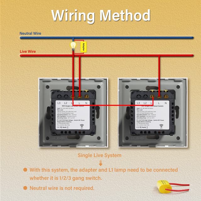 Detalle de BSEED Smart Light Switch (WiFi touch, glass panel) — no neutral wire, 1-gang 1-way, 2-pack