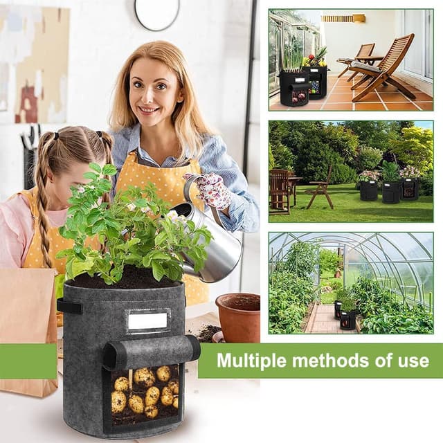 Detalle 2 de Airminti 3er-Set 10 Gallonen Kartoffel-Pflanzsäcke aus Vlies mit Griffen und Sichtfenster