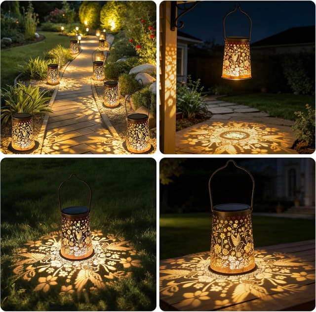 Detalle de Solar Lanterns for Outside – Vintage Hummingbird 2 Pack (IP65, warm shadows) for patio and garden décor