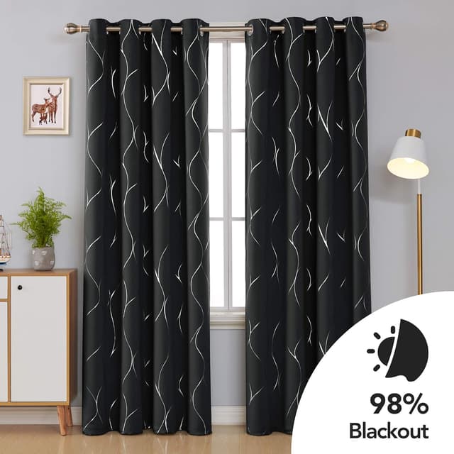 Detalle de Deconovo Blackout Thermal Eyelet Curtains (Silver Wave Foil Print), 2 Panels – 66 x 90 Inch, Black