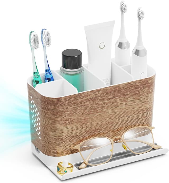 Detalle de toprance Detachable Wood Grain Toothbrush Holder with 6 Slots, Front Ledge & Cord-friendly Design