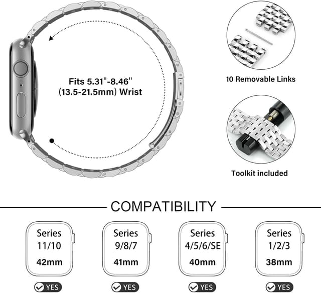 Detalle de Tasikar stainless steel metal watch strap for Apple Watch (42mm/41mm/40mm/38mm) – Silver