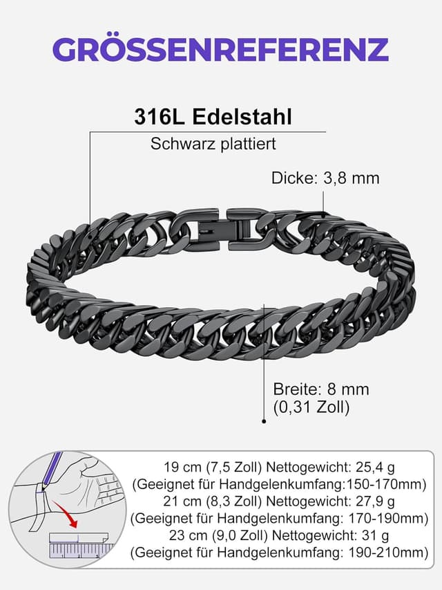 Detalle 2 de Richsteel Herrenarmband aus Edelstahl im Cuban-Gliederstil (316L) – 8/12/17 mm breit, 19/21/23 cm lang in Silber/Gold/Schwarz