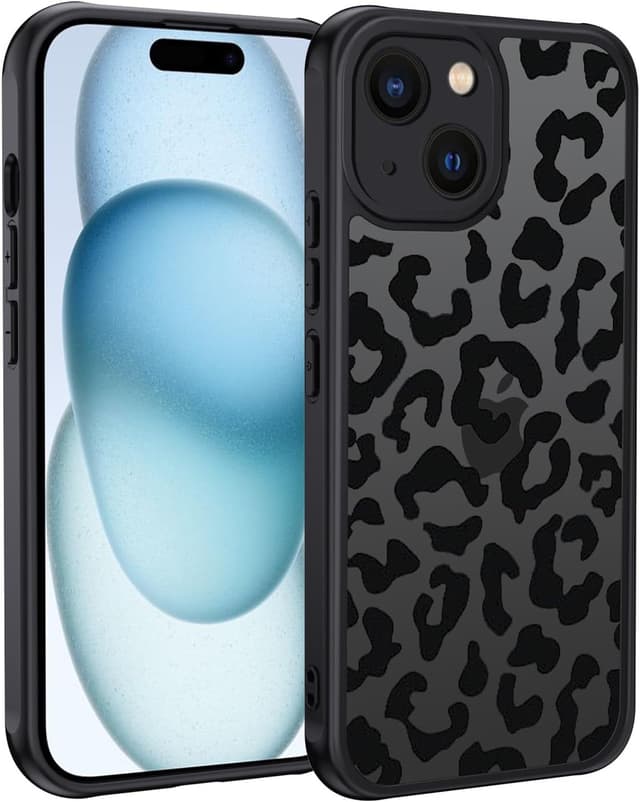 Detalle de XTCASE Cover per iPhone 15 con motivo leopardato: silicone/TPU morbido e retro PC rigido anti-graffio
