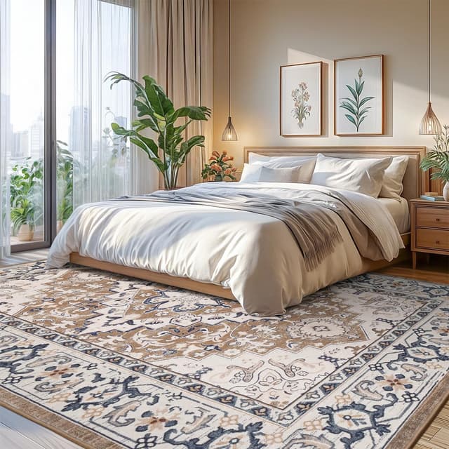 Detalle de Lofus 8x10 Washable Vintage Boho Area Rug (Low Pile, Non-Slip) — Floral Brown