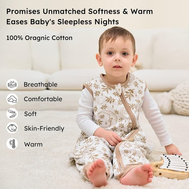 Detalle de Unnivoll Baby-Schlafsack mit Füßen 1,0 Tog (Baumwolle), Sommer 2er-Pack – 80 cm, beige