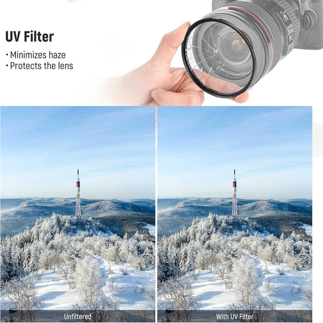 Detalle de NEEWER 67mm UV/CPL/ND Lens Filter Kit (UV + Circular Polariser + ND8) with slim frame and foldable storage case