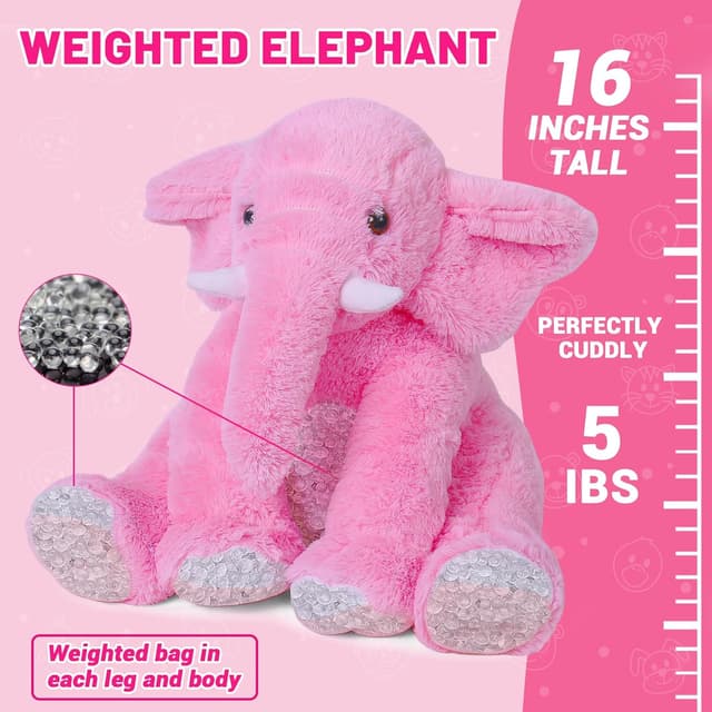 Detalle 2 de JellyMallow Weighted Elephant Plushie (5 lbs, 16 in) – Pink Large Comfort Cuddle Pillow