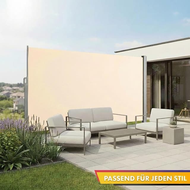 Detalle 2 de Floordirekt Seitenmarkise aus Aluminium (180x450 cm) in Beige – ausziehbarer Sicht- und Sonnenschutz für Balkon & Terrasse