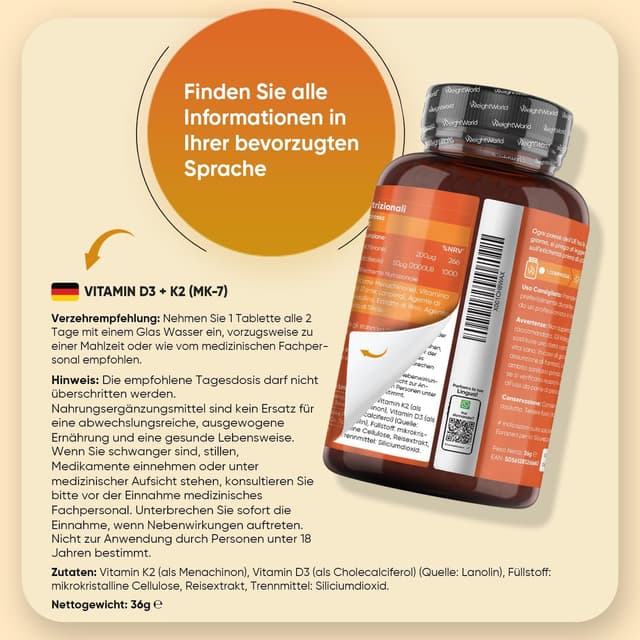Detalle 2 de Vitamin D3 K2 2000 IE – 365 Tabletten (2-Jahres-Vorrat) von WeightWorld