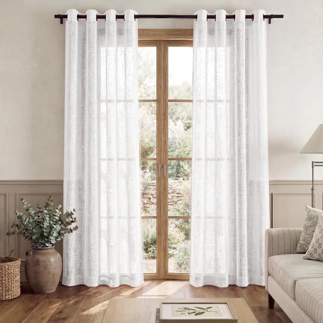 Detalle de PONY DANCE White Voile Curtains 90 Drop Pair (52x90 inches) – semi-sheer linen-look eyelet panels for living rooms & bedrooms