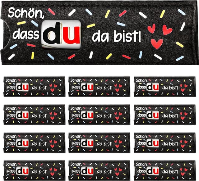 Detalle de Giftota 12er Set Filz-Geschenkhüllen „Schön dass du da bist“ (ohne Schokolade) für Gastgeschenke