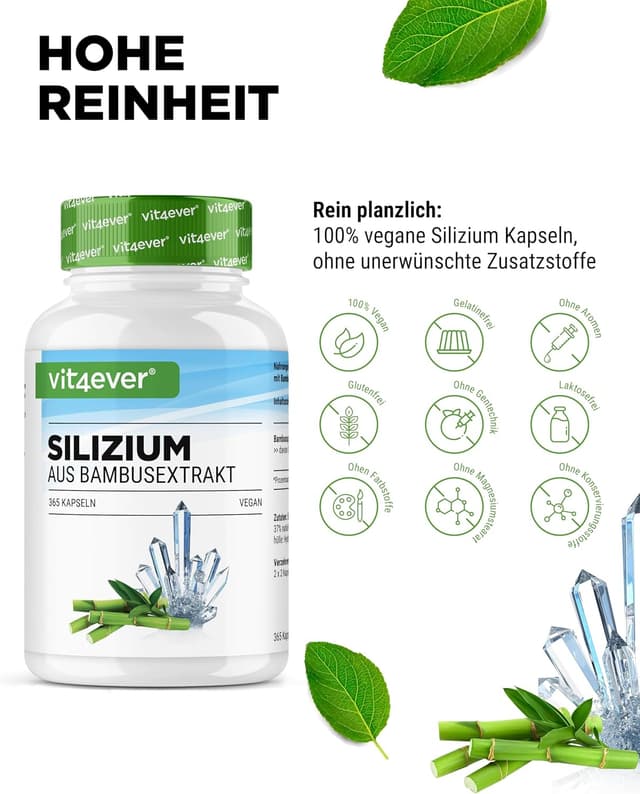 Detalle de vit4ever Silizium (365 Kapseln) – organisches Silizium aus Bambusextrakt, vegan