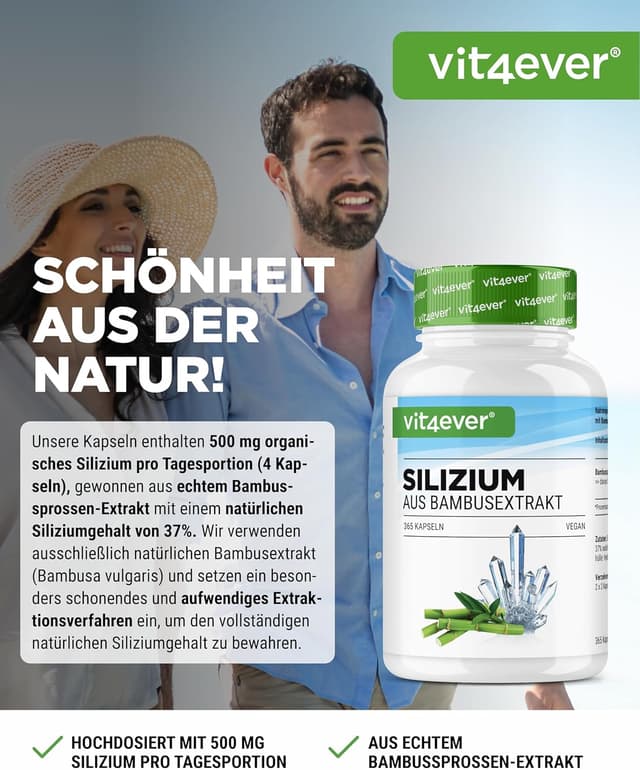 Detalle 2 de vit4ever Silizium (365 Kapseln) – organisches Silizium aus Bambusextrakt, vegan