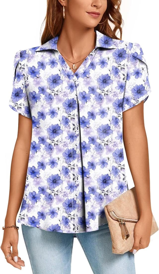 Detalle 2 de Aodemo Women’s Summer Collared V-Neck Chiffon Pleated Blouse (3/4 Sleeve)