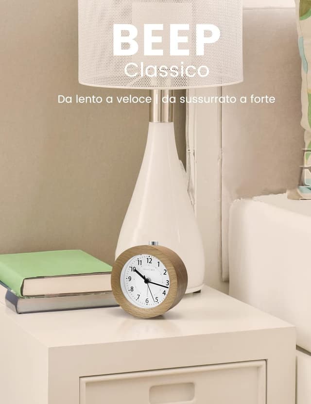Detalle de aboveClock Sveglia da comodino analogica in legno chiaro con snooze e luce notturna