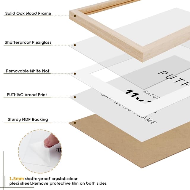 Detalle de puthiac 11x14 Solid Oak Wood Picture Frame (Plexi Front), Fits 8x10 with Mat or 11x14 Without Mat