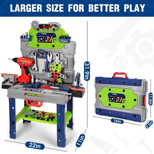 Detalle de Kids Tool Bench Set with Electric Drill and Realistic Tools (132pcs) — 2-in-1 Workbench & Toolbox for Ages 3–5
