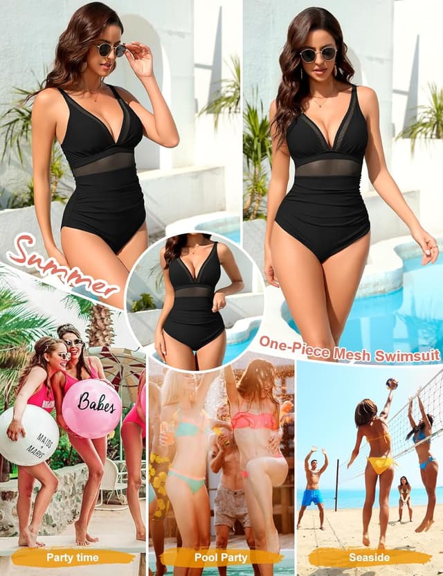 Detalle 2 de Costume da bagno intero donna nero con scollo a V e spalline regolabili CMTOP