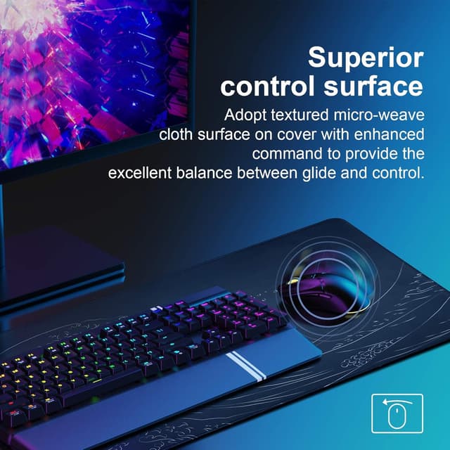 Detalle de DAWNTREES Long Mouse Mat (900 x 400 x 3 mm) – Black Gaming Desk Pad with Non-Slip Rubber Base